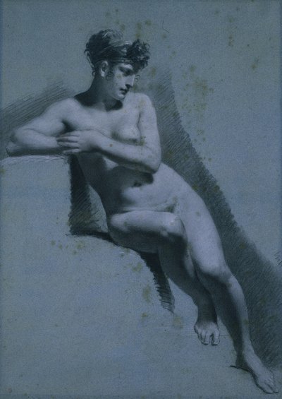 Studie av en naken kvinne, sittende ser til høyre (recto) av Pierre Paul Prud