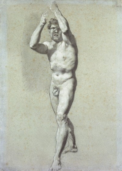 Studie av en mann, med to armer hevet over hodet, snudd litt til venstre; Male Academy, begge armene hevet over hodet, litt til venstre, av Pierre Paul Prudhon