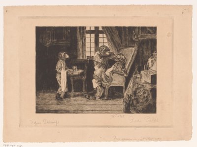 Satirisk skildring av aper som tannlege, assistent og pasient av Pierre Peeters (signed by artist)