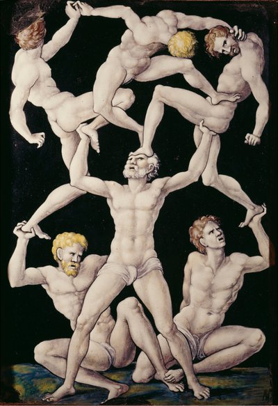 Plakett med akrobater, ca. 1550 (malt emalje på kobber) av Pierre Penicaud