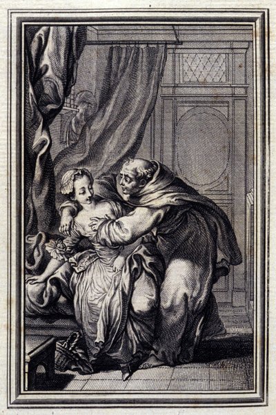 Hvordan ånden kommer til jenter. i "" Tales et nouvelles en verse"" av Jean La Fontaine. 1776. Illustrasjon av P.P. Choffard. av Pierre Philippe Choffard