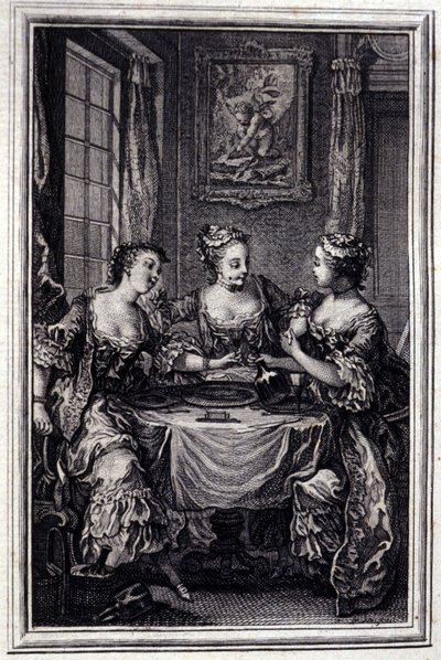 La Gageure des trois commeres - i "" Fortellinger og noveller på vers"" av Jean La Fontaine. 1776. Illustrasjon av P.P. Choffard. av Pierre Philippe Choffard