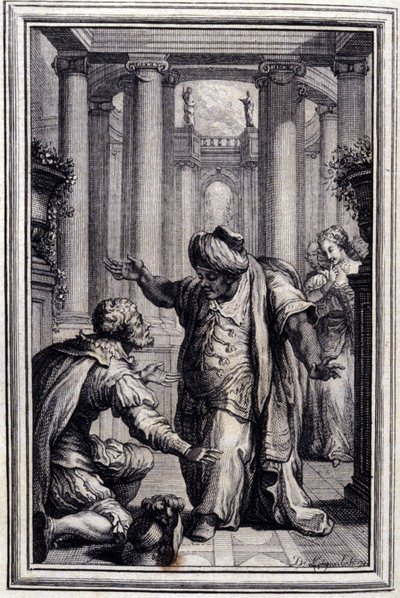 Den lille hunden som skyter penger og steiner - i "" Fortellinger og noveller på vers"" av Jean La Fontaine. 1776. Illustrasjon av P.P. Choffard. av Pierre Philippe Choffard