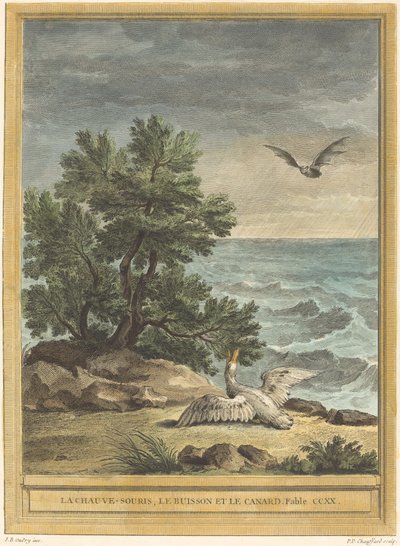 Flaggermusen, busken og anda av Pierre Philippe Choffard after Jean Baptiste Oudry