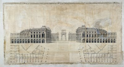 Arkitektur: "Prosjekt av Place Royale for Marseille, perspektiv ser på havnen og plantegning" 1686 (tegning) av Pierre Puget