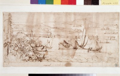 Havnen og havnen i Toulon (blekk på papir og penn) av Pierre Puget