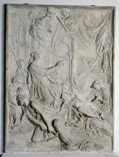 lavt relieff av pesten i Milano - Saint Charles Borromee (San Carlo Borromeo) (1538-1584, kardinal og erkebiskop av Milano) ber (marmor) av Pierre Puget