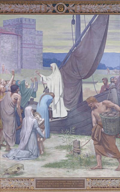 St. Genevieve bringer forsyninger til byen Paris etter beleiringen (fresco) av Pierre Puvis de Chavannes