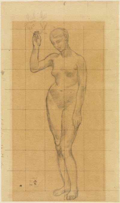 Stehender Frauenakt, schräg nach links, einen Kranz in der erhobenen Rechten av Pierre Puvis de Chavannes
