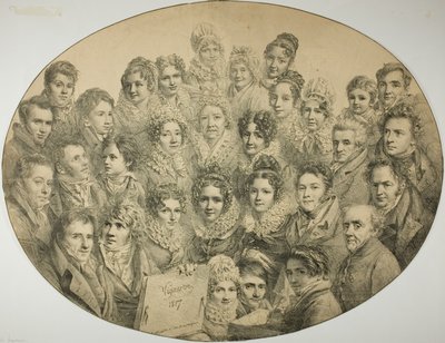 Portretter av 31 personer i en oval av Pierre Roch Vigneron