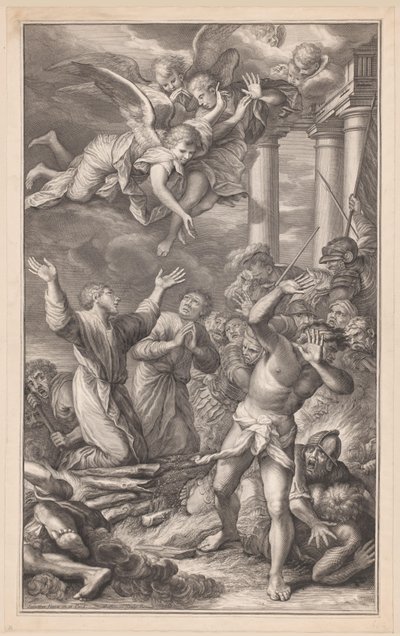 Cosmas og Damianus brant på bålet, omgitt av soldater og engler av Pierre Simon (I)