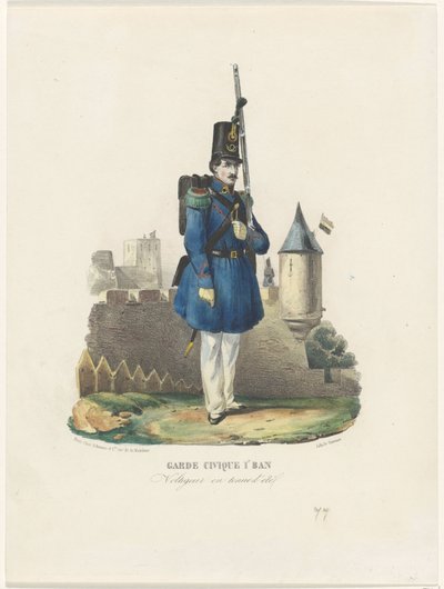 Belgiske burgerwacht op wacht, 1830 Civic Guard 1r Ban / Voltigeur i sommerkjole (tittel på objekt) av Pierre Simonau