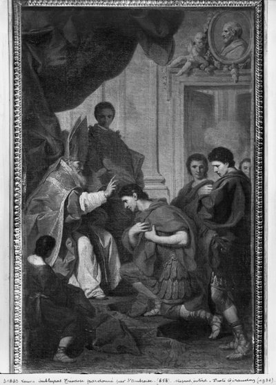 Keiser Theodosius I den store mottar benådning fra St. Ambrosius, erkebiskop av Milano, ca. 1745 av Pierre Subleyras