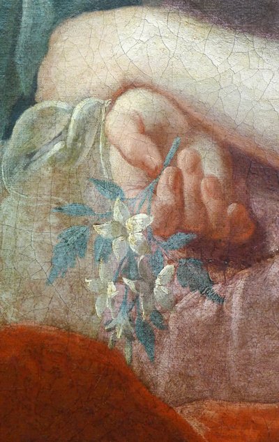 Hånden til en ung kvinne som holder en blomstrende gren. Detalj av portrett av Madame Poulhariex og datteren hennes, rundt 1728 (olje på lerret) av Pierre Subleyras