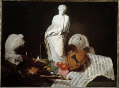 Attributtene til kunstpaletten av maler, fiolin, partiturer, skulptur. Maleri av Pierre Subleyras av Pierre Subleyras