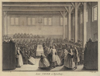 Herrens nattverd i en kollegiansk kirke i Rijnsburg, Nederland (gravering) av Pierre Tanje