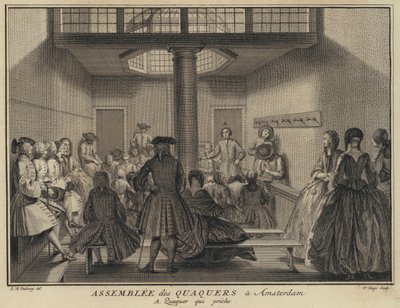 Mann som forkynner på et møte med kvekere i Amsterdam, Nederland (gravering) av Pierre Tanje