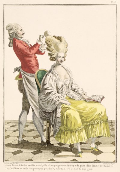 En ung kvinne i en peignoir med sin frisør, plate 31 fra 