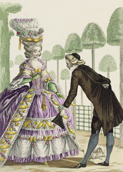 Lady in a Lilac Dress Promenades in the Gardens of the Palais Royal, plate 13 fra 'Galerie des Modes et Costumes Francais', gravert av Etienne Claude Voysard (1746-1812) 1778 av Pierre Thomas Le Clerc