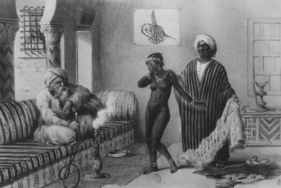 En ung jente fra Timbuktoo blir tilbudt av en slavemester i Tripoli i 1854, fra "Voyages au Soudan et dans L"Afrique Septentrionale", gravert av A. Adam, 1850 av Pierre Tremaux