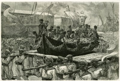 Prosesjonen av Cirio på allehelgensaften, religiøse og populære, bildet av Jomfruen transporteres gjennom hele byen på kanoen til et skip som forsvant i 1793, som de overlevende tilbød ex-voto Mirakuløse Jomfru. Gravering av av Pierre Vignal