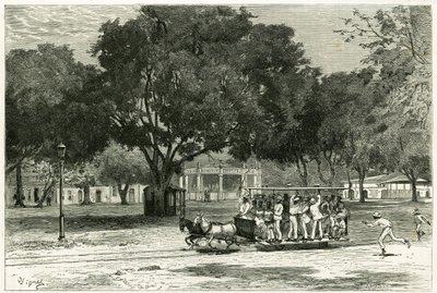 Trikk, skyting av hester, i havnen i Para (Brasil), på largo i Nasaret. Gravering av Vignal, for å illustrere historien "Amazon og Cordilleres"" av Pierre Vignal