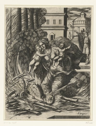 Ashdrubals kone stuper inn i det brennende tempelet av Pierre Woeiriot (II)
