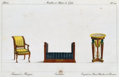 Lenestol med flens, loveseat og stativbord, plate 211, illustrasjon fra Collection de meubles et objects de gout (Samling av møbler og smaksgjenstander) av Pierre de La Mesangere