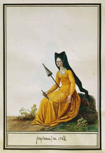 Fransk kvinnelig bonde spinning, av Pierre Antoine Leboux de La Mesangere (1761-1831), akvarell av Pierre de La Mesangere