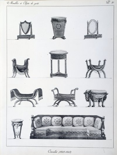 Møbler fra periodens konsulat (1802-1803). Tallerken hentet fra samlingen "" Collection de mobilier et objets de taste"" av Pierre de la Mesangere (1761-1831). Paris. Dekorativ kunst av Pierre de La Mesangere