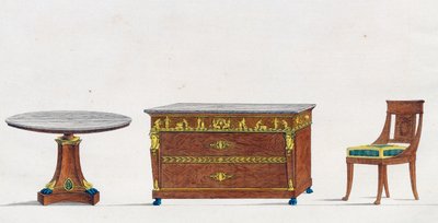 Mahognibord, kommode og stol, tallerken 241, illustrasjon fra Collection de meubles et objects de gout (Samling av møbler og smaksgjenstander) av Pierre de La Mesangere