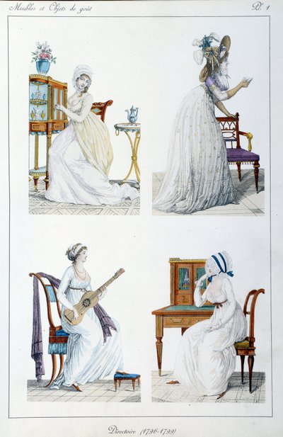Portretter av kvinner fra perioden Executive Board engasjert i ulike kunstneriske og sosiale aktiviteter. Tallerken hentet fra samlingen "" Collection de meubles et objets de taste"" av Pierre de la Mesangere (1761-1831). 1802. Paris. Dekorativ kunst av Pierre de La Mesangere