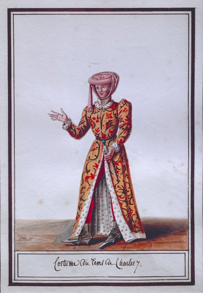 Moteplate for kvinner som viser kostyme fra Charles VII (1403-1461), av Pierre Antoine Leboux de La Mesangere (1761-1831), akvarell av Pierre de La Mesangere