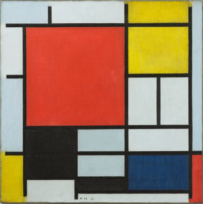Komposisjon med stort rødt plan, gult, svart, grått og blått, 1921 av Piet Mondrian
