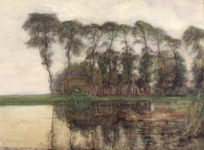 Gårdsplass langs vannet Skjermet av ni høye trær  av Piet Mondrian