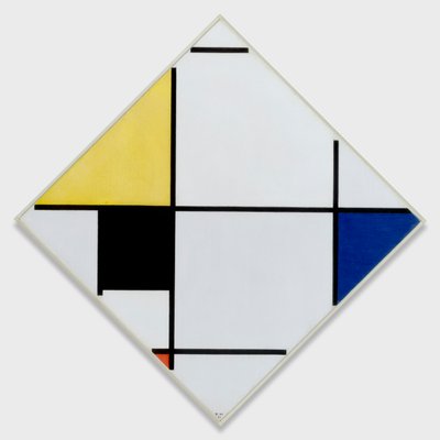 Rutekompisisjon med gult, svart, blått, rødt og grått av Piet Mondrian