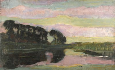 Elvelandskap med rosa og gulgrønn himmel, ca 1907-1908. av Piet Mondrian