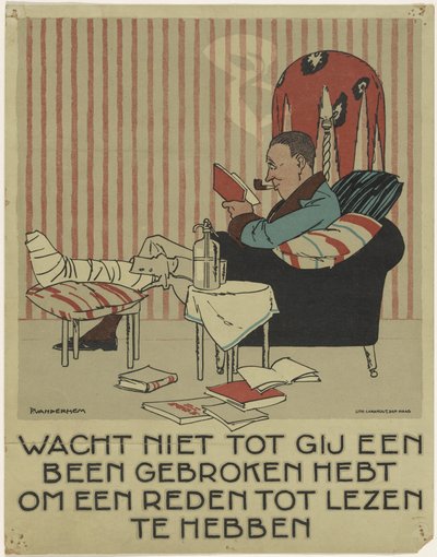 Mann leser med brukket ben i lenestol Kampanje for å promotere boken (serietittel) av Piet van der Hem
