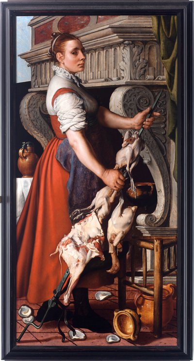 Komfyren (Komfyren) Ung kvinne som broderer fjærfe på en peispytt - Maleri av Pieter Aertsen (1508-1575) 1559 Dim 165x85 cm Genes, Musei di Strada Nuova (ex Palazzo Bianco) av Pieter Aertsen