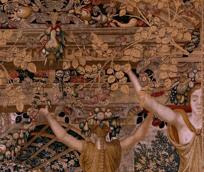 flamsk billedvev. Seriene Vertumnus og Pomona.Vertumnus forvandlet til en bonde. Andre billedvev i serien. Høyre del transformasjonen av nymfen Myrrha. Modellsirkel av Pieter Coecke van Aelst. Produksjon Wilhelm Pannemaker, Brussel. ca 1545- av Pieter (circle of) Coecke van Aelst