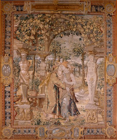 flamsk billedvev. Serien Vertumnus og Pomona. Vertumnus kysser Pomona. Syvende billedvev i serien. Modellsirkel av Pieter Coecke van Aelst. Produksjon Wilhelm Pannemaker, Brussel. Ca 1545-1550. Stoff Gull, sølv, silke og ull. Størrelse 430 x 365 cm. av Pieter (circle of) Coecke van Aelst