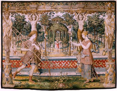 flamsk billedvev. Serier Vertumnus og Pomona; Vertumnus forvandlet til en gartner (Vertumno transformado en jardinero). Femte billedvev i serien. Model Circle av Pieter Coecke Van Aelst og Léonard Thiry. Produksjon Ukjent verksted, Brussel, før av Pieter (circle of) Coecke van Aelst