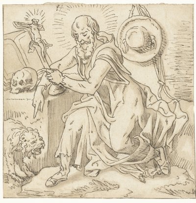 Saint Hieronymus sitter ved et krusifiks, bok og hodeskalle av Pieter Aertsen (workshop of)