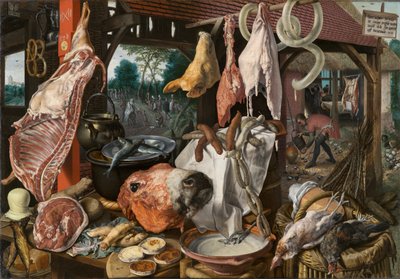 Stilleben med kjøtt og den hellige familie av Pieter Aertsen