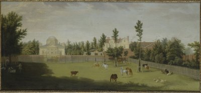 Utsikt over den nye villaen, det gamle huset og stallen fra hele Burlington Lane, Chiswick Villa (olje på lerret) av Pieter Andreas Rysbrack