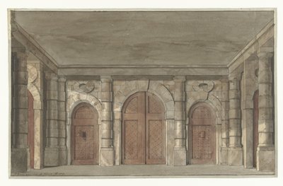 Design for et scenesett for en fengselsveranda (?) av Pieter Barbiers (I)