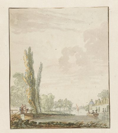 Utsikt langs en elv med en tekuppel til høyre av Pieter Bartholomeusz. Barbiers