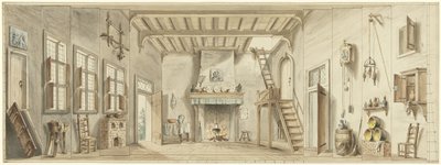 Design for et scenesett for den flamske operaen Het Kapertje av Pieter Bartholomeusz. Barbiers