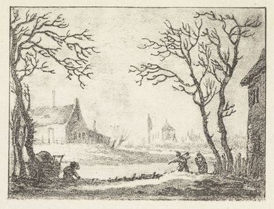 Vinterlandskap med hus og figurer av Pieter Bartholomeusz. Barbiers