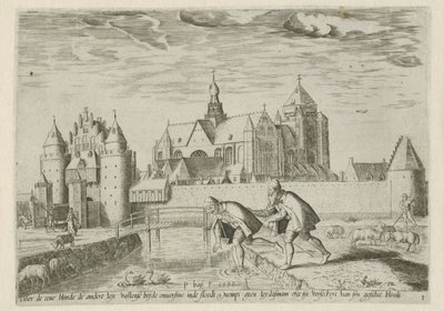 Utsikt over Veere, med ordtaket: en blind person leder en annen Landskap med bibelske scener (serietittel) av Pieter Bast